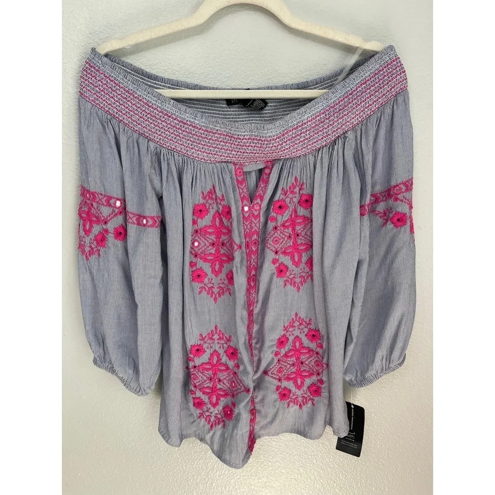 INC Off the Shoulder Blue with Hot Pink Embroidered Smocked Size S Bohemian Chic - Picture 2 of 10